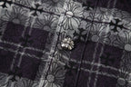 Floral and plaid long-sleeve shirt with decorative metal button on the placket