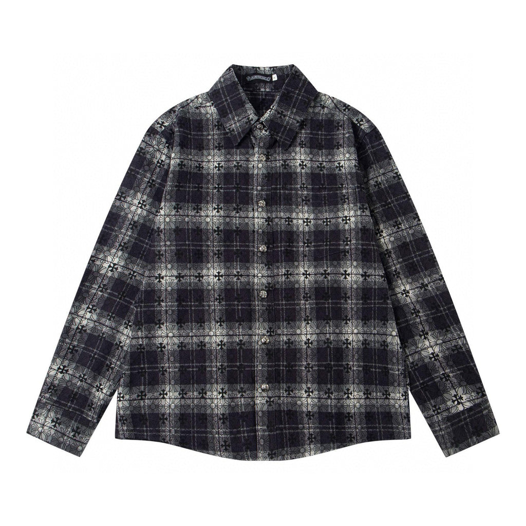 Long-sleeve button-up shirt in dark plaid with pointed collar and button front