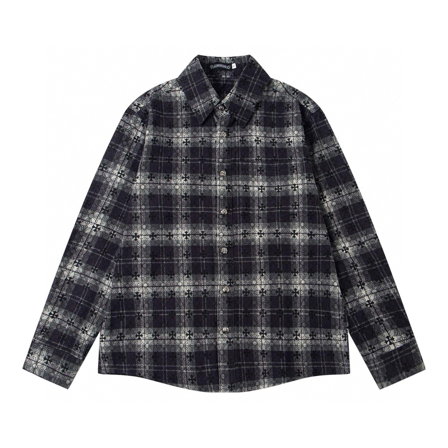Long-sleeve button-up shirt in dark plaid with pointed collar and button front