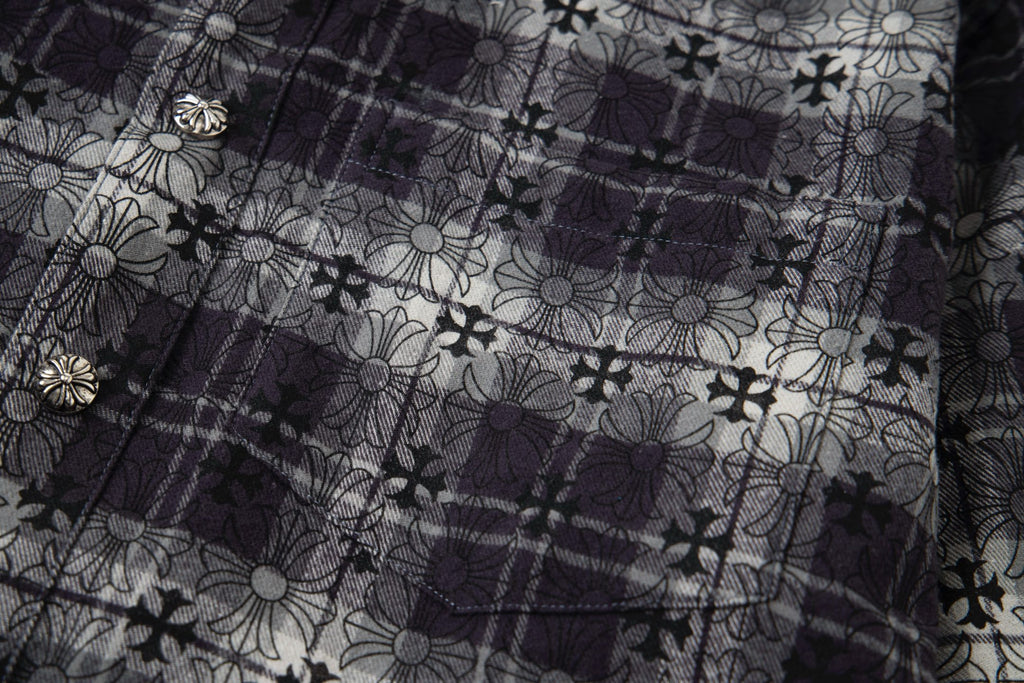 Long-sleeve floral and plaid shirt with chest panel detail and button-front stitching