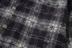 Long-sleeve floral and plaid shirt with chest panel detail and button-front stitching