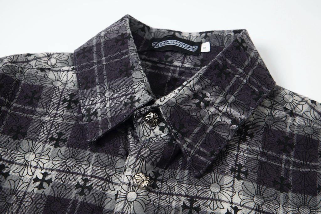 Long-sleeve shirt with floral pattern and plaid panel, pointed collar, button placket