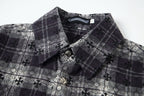 Long-sleeve shirt with floral pattern and plaid panel, pointed collar, button placket