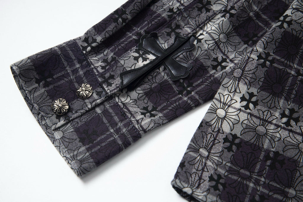 Long-sleeve button-up shirt front view showing placket with small decorative buttons