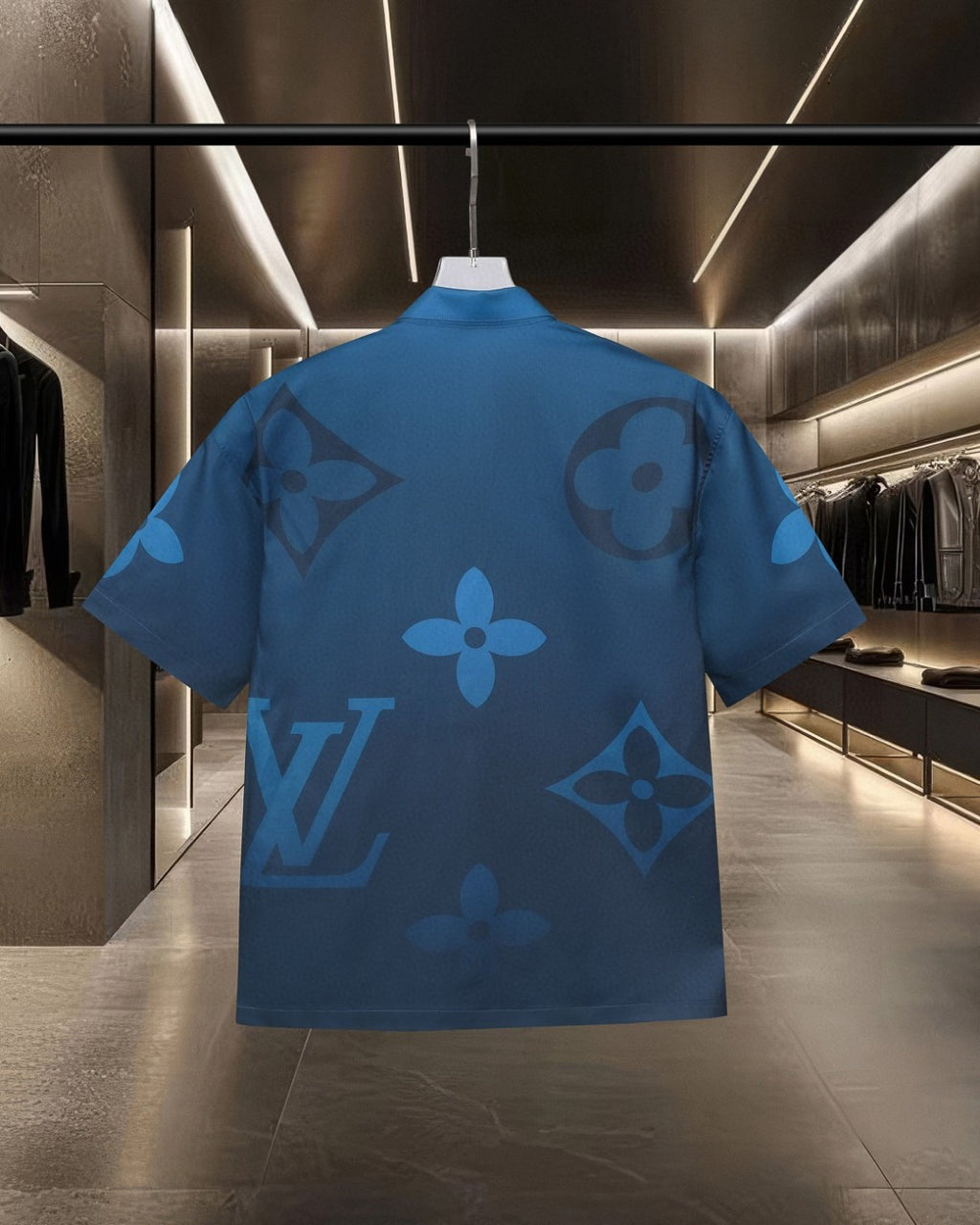 Back view of bright blue short-sleeve shirt with tonal monogram-style motif