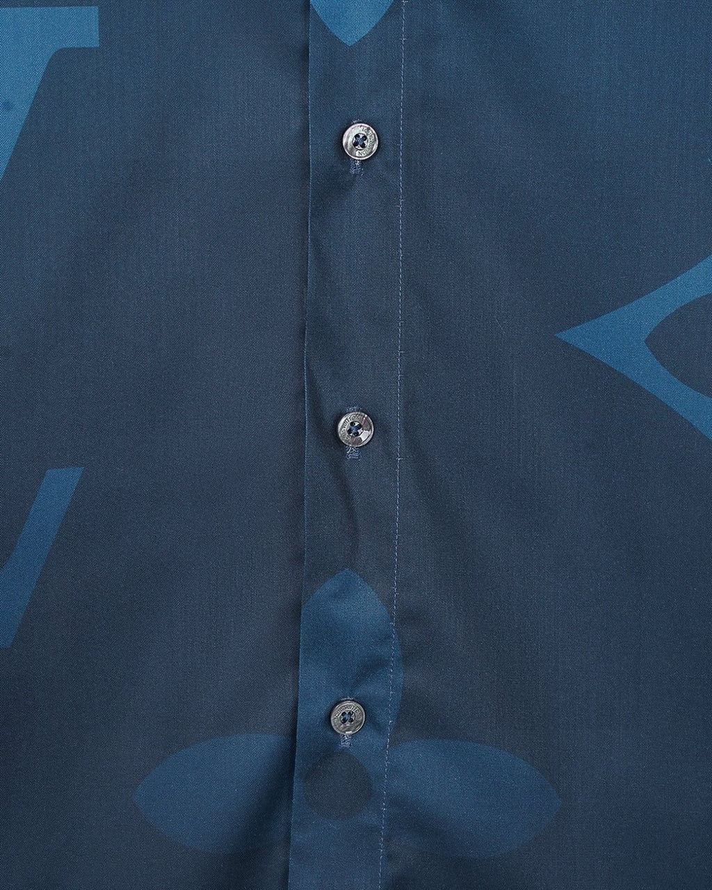 Blue button-up shirt with front button placket and round visible buttons