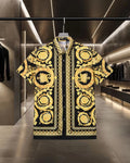 Versace short-sleeve shirt in black with gold baroque print, stand collar, button placket