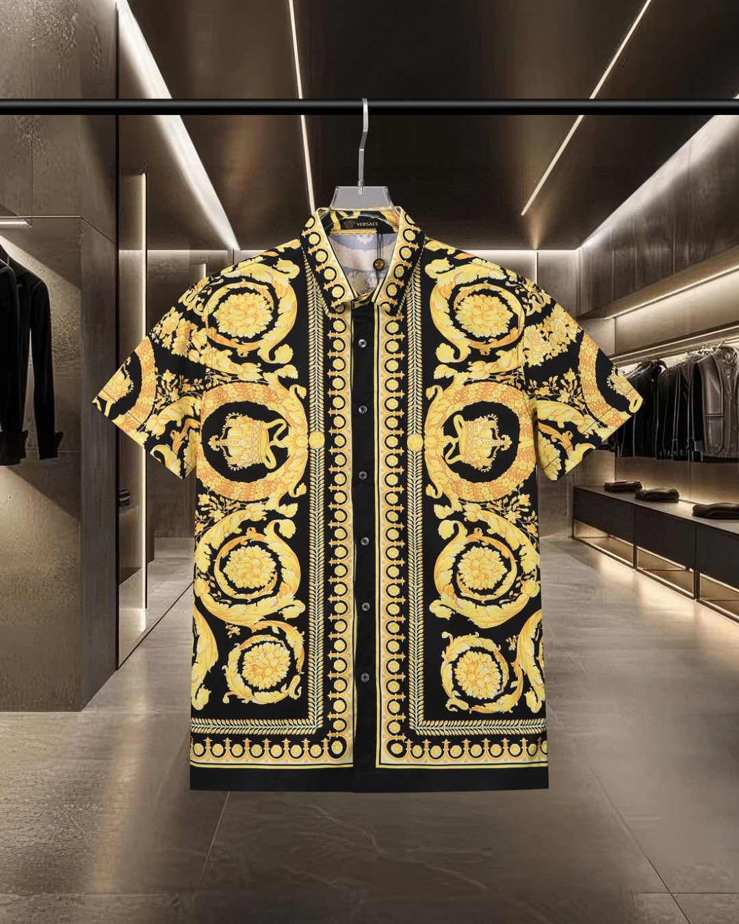Versace short-sleeve shirt in black with gold baroque print, stand collar, button placket