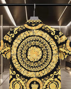 Versace short-sleeve shirt back in black with gold round medallion and scrolling floral print