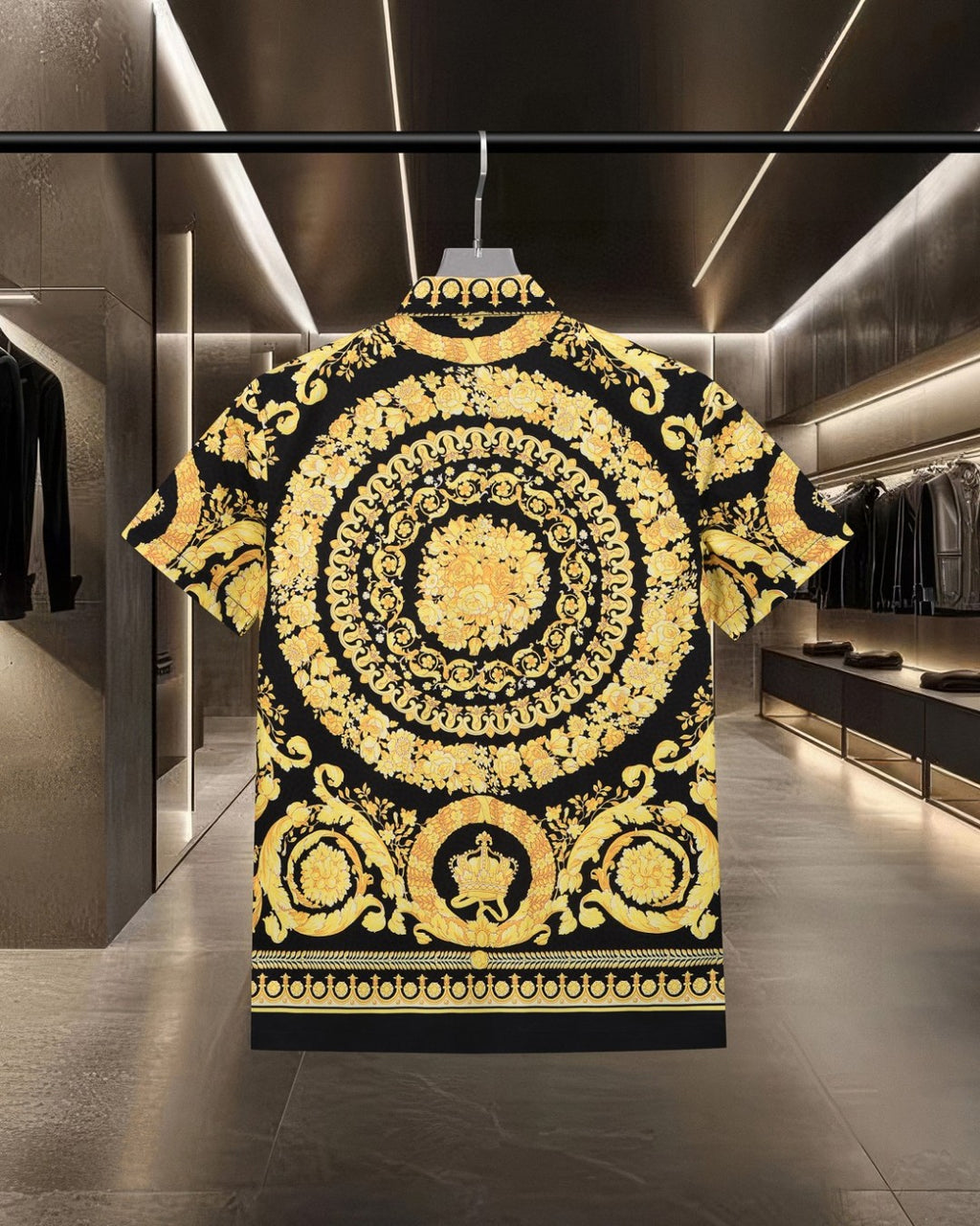 Versace short-sleeve shirt back view in black with gold baroque medallion print