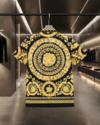 Versace short-sleeve shirt back view in black with gold baroque medallion print