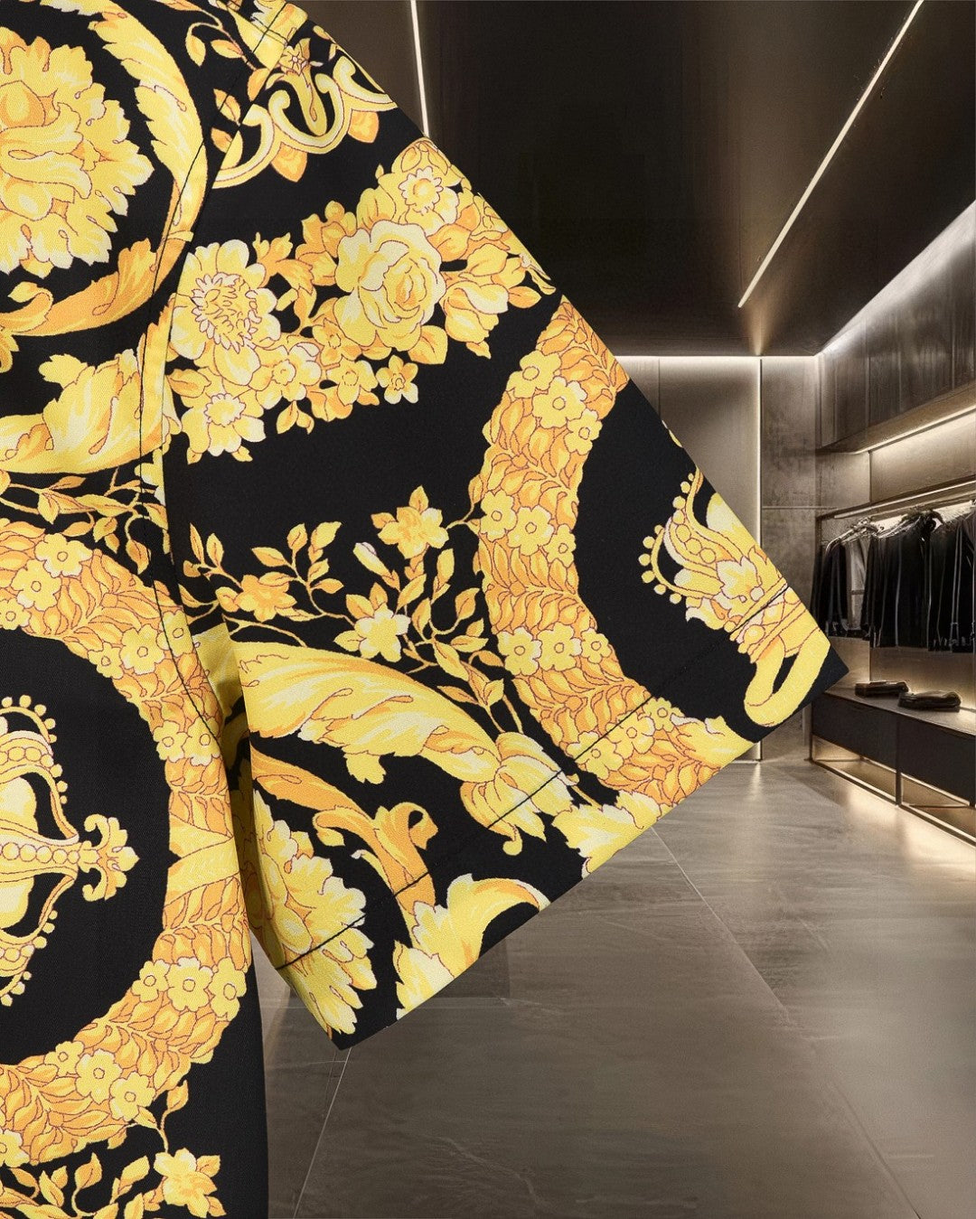 Versace short-sleeve shirt in black with gold floral and bird motif on the side