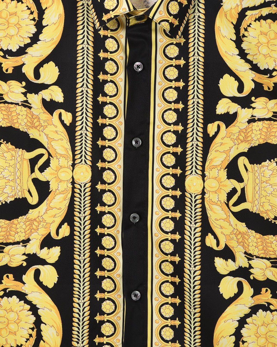Versace short-sleeve shirt placket close-up: black center panel with gold decorative trim