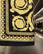 Versace dress/top with bold baroque medallion print, gold and black border trim