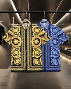 Versace short-sleeve shirt with baroque medallion print, gold on black and blue