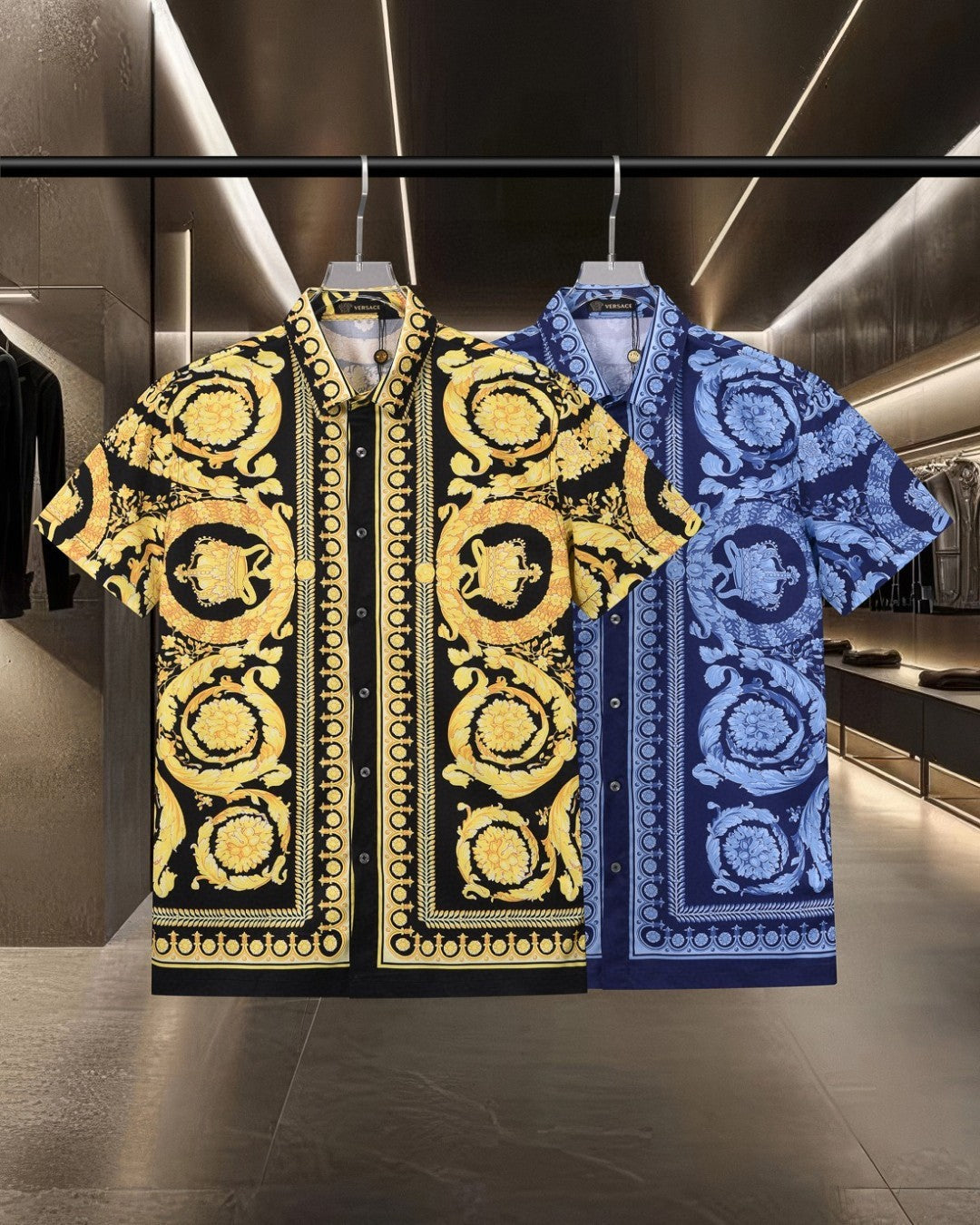 Versace short-sleeve shirt with baroque medallion print, gold on black and blue