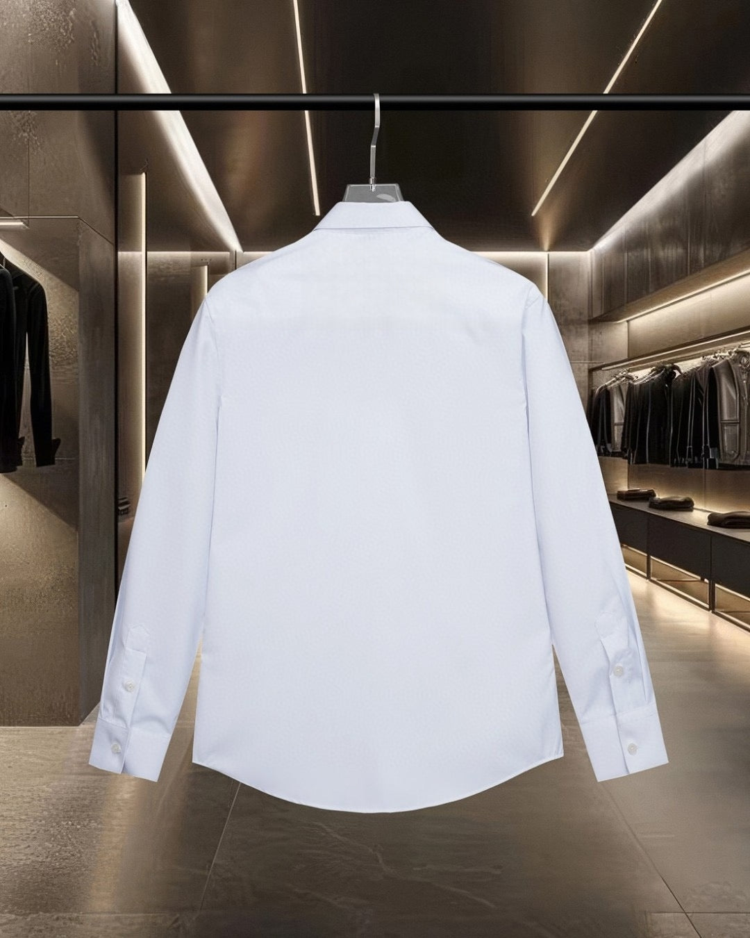 White long-sleeve button-up shirt, back view