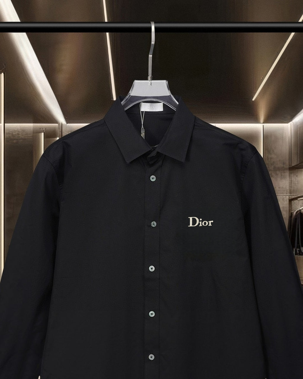 Black long-sleeve button-up shirt with pointed collar and Dior chest logo