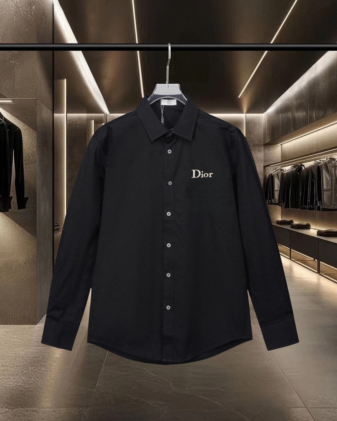 Black long-sleeve button-up shirt with Dior logo on left chest