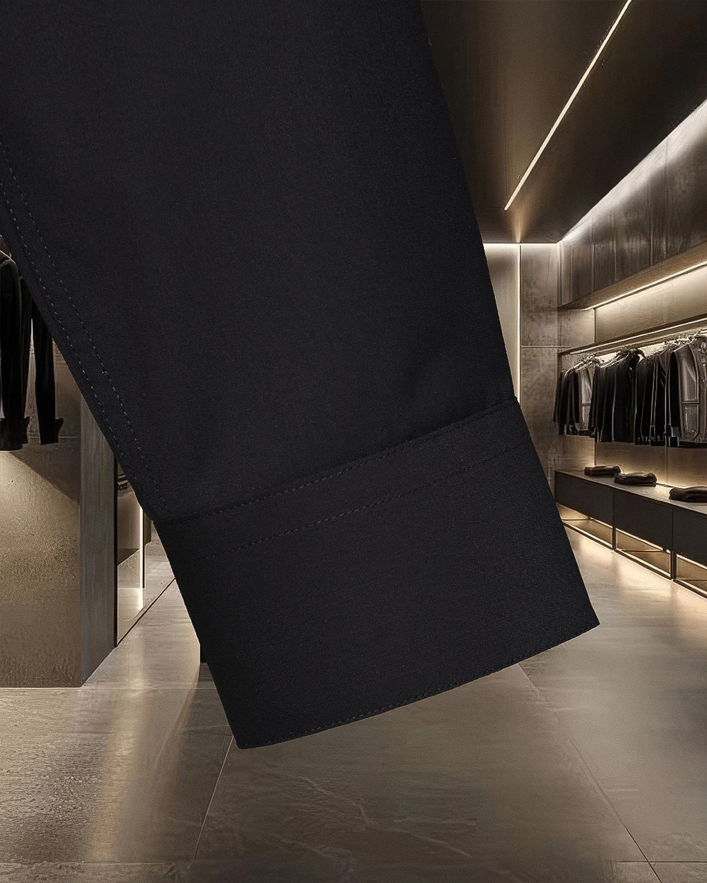 Black long-sleeve shirt with curved side hem and topstitching