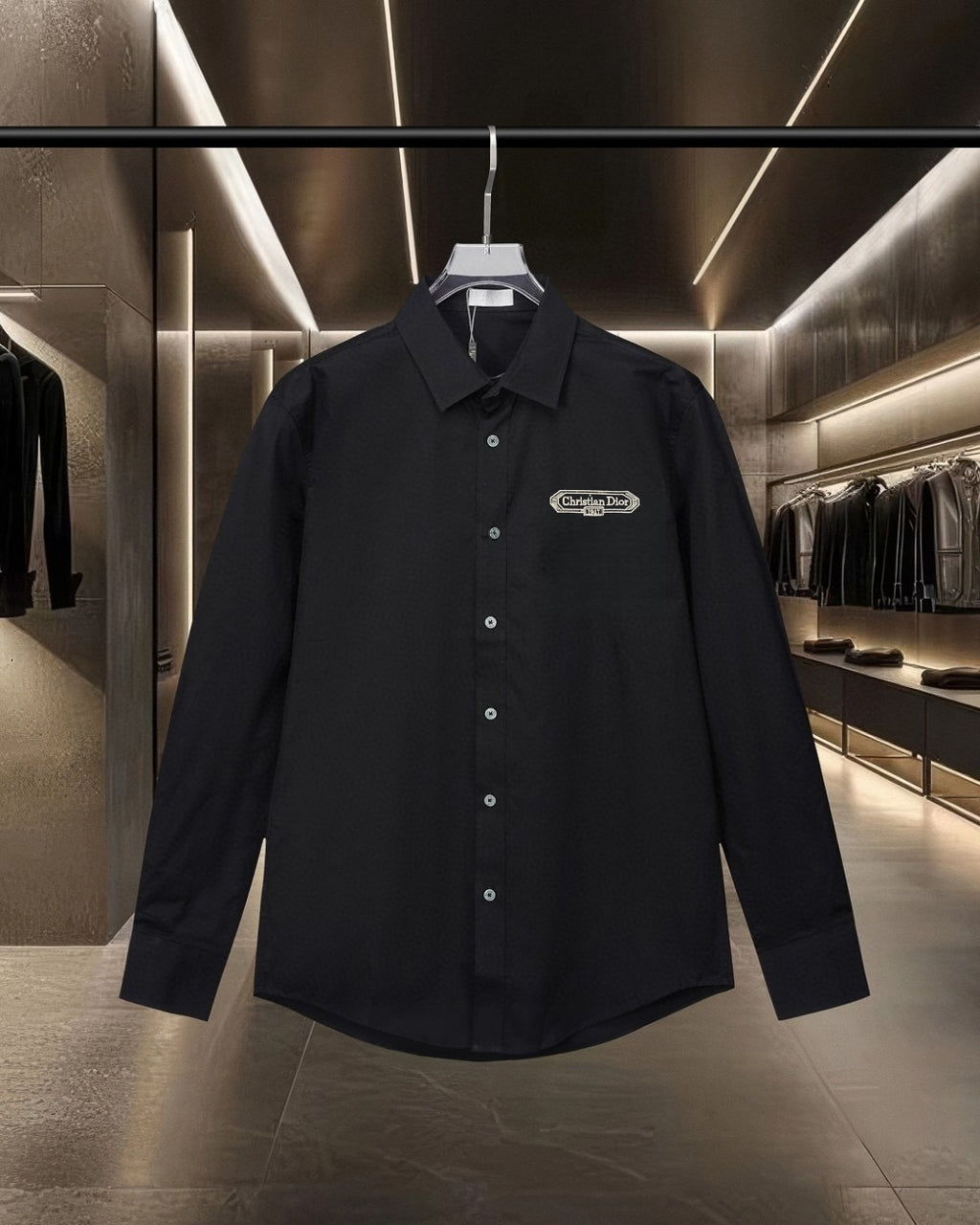 Dior black long-sleeve button-up shirt with pointed collar and chest logo patch