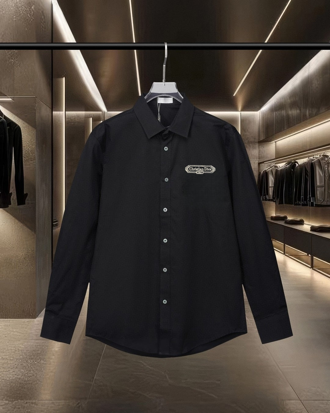 Dior black long-sleeve button-up shirt with pointed collar and chest logo patch