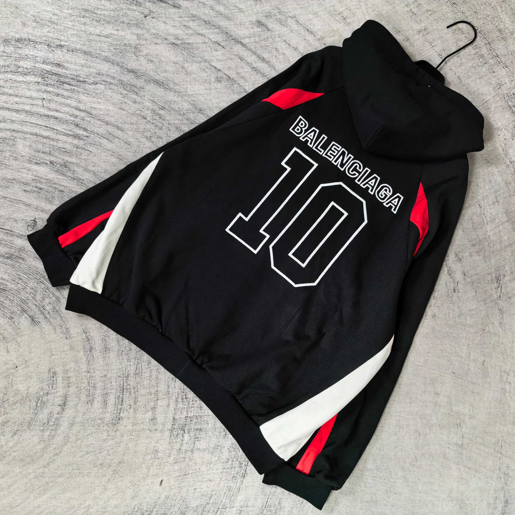 Balenciaga black zip-up hoodie with BALENCIAGA 10 back print and red side accents
