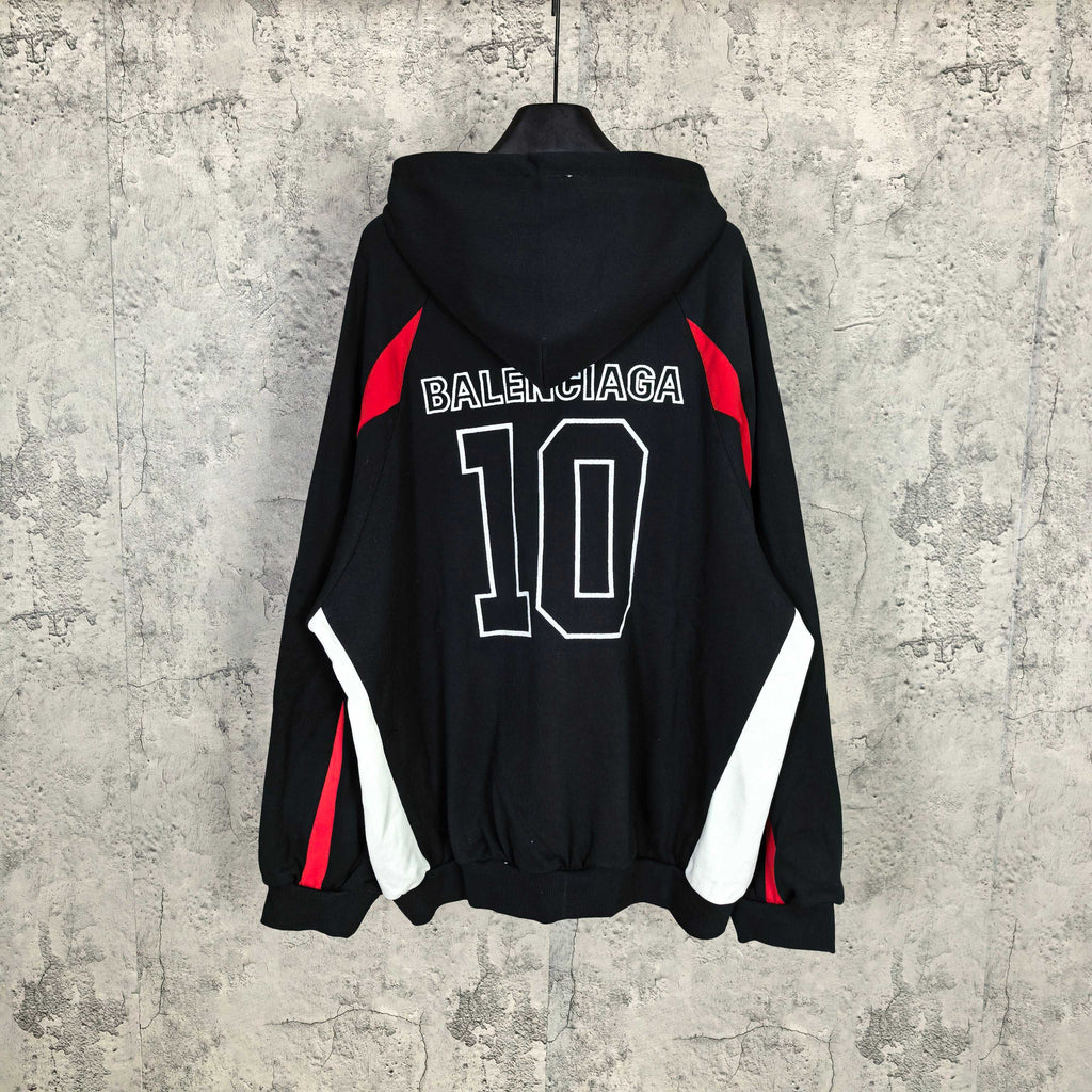 Balenciaga black zip-up hoodie with BALENCIAGA 10 back print and red/white sleeve panels