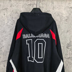 Balenciaga black zip-up hoodie with BALENCIAGA 10 large back print and red side triangles