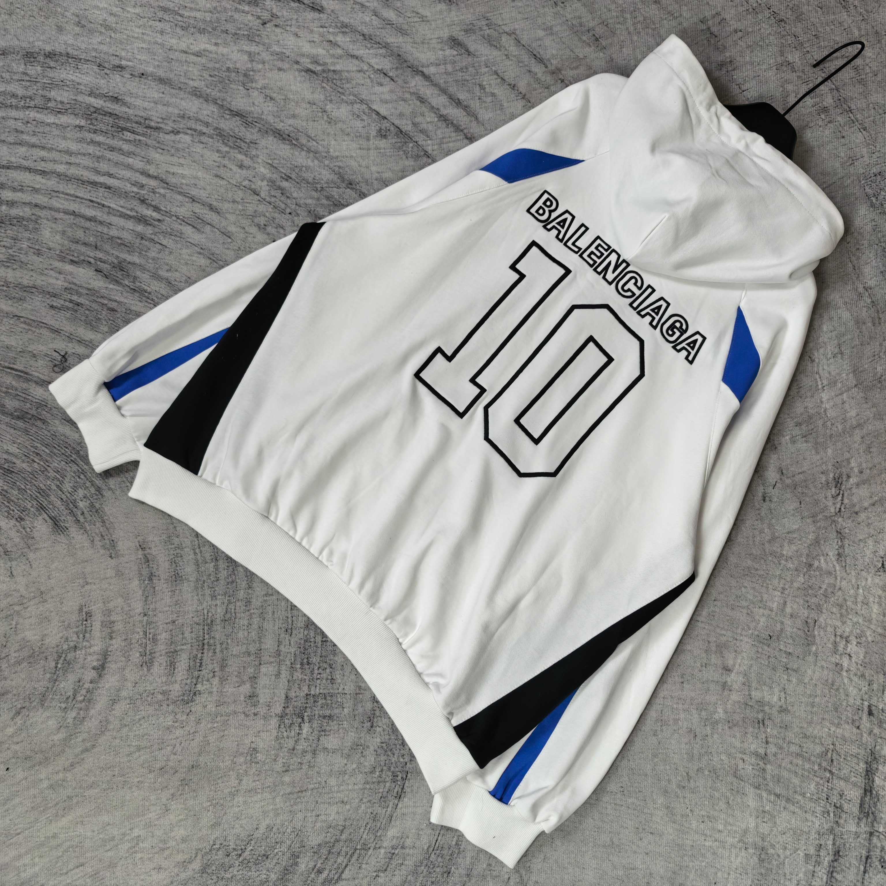 Balenciaga long zip hoodie white with back '10' print, Balenciaga text, blue side panels