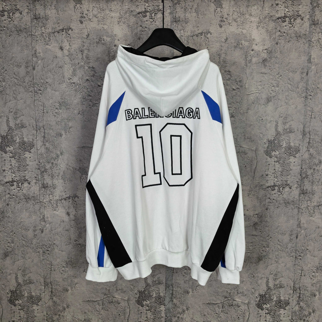 Balenciaga long zip hoodie white with large '10' print, blue side panels, hood