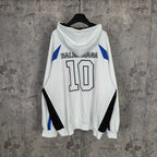 Balenciaga long zip hoodie white with large '10' print, blue side panels, hood