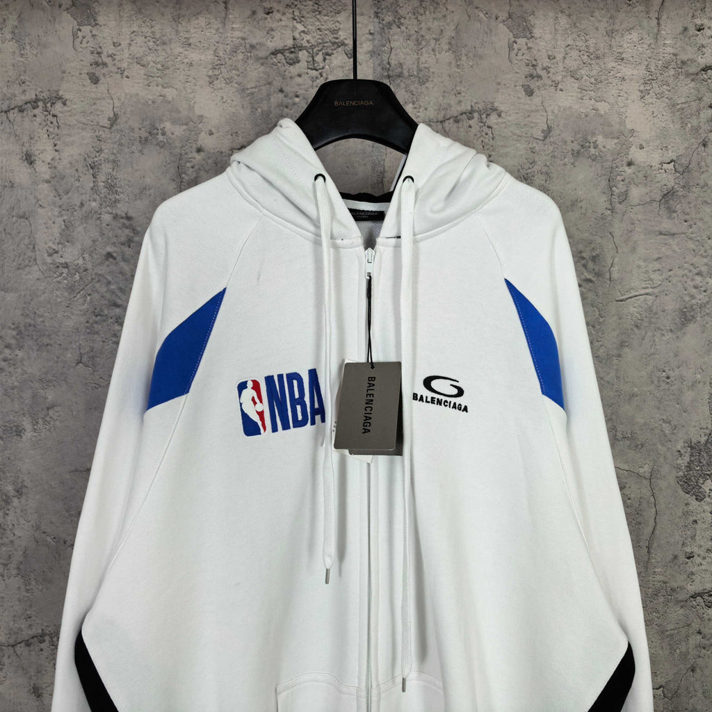 Balenciaga long zip hoodie white with NBA logo patch, blue sleeve triangles, chest emblem