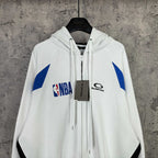 Balenciaga long zip hoodie white with NBA logo patch, blue sleeve triangles, chest emblem
