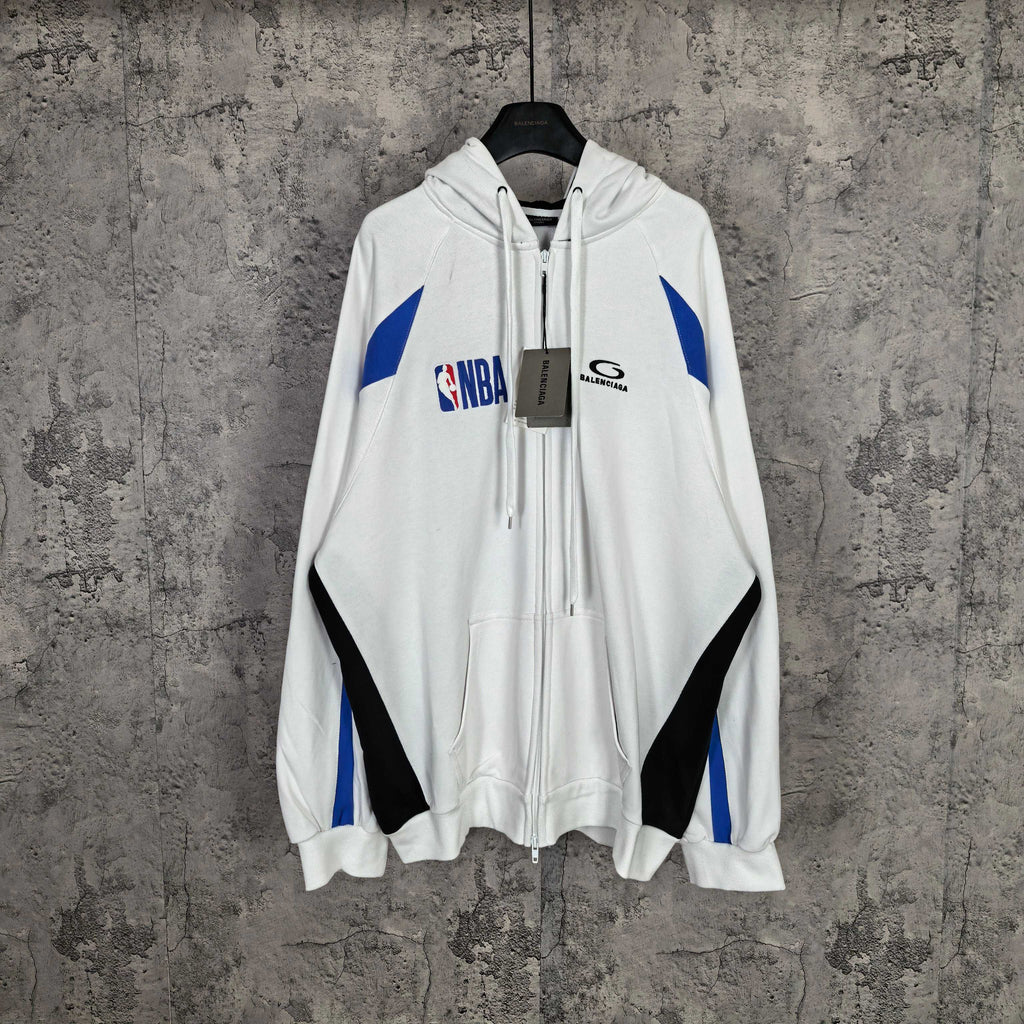 Balenciaga long zip hoodie in white with hood, drawstrings, NBA graphic and blue accents