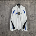 Balenciaga long zip hoodie in white with hood, drawstrings, NBA graphic and blue accents