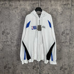 Balenciaga long zip hoodie in white with hood, drawstrings, NBA graphic and blue accents
