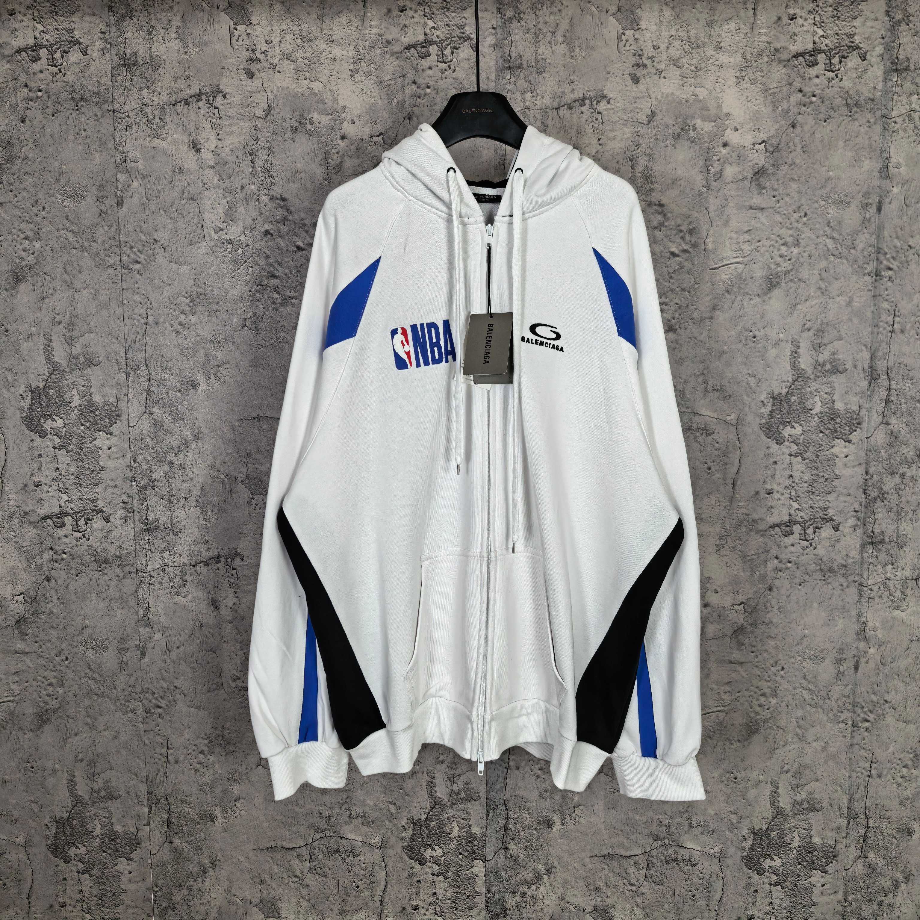 Balenciaga long zip hoodie in white with hood, drawstrings, NBA graphic and blue accents