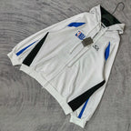 Balenciaga long zip hoodie white with diagonal black trim, NBA graphic and blue stripes