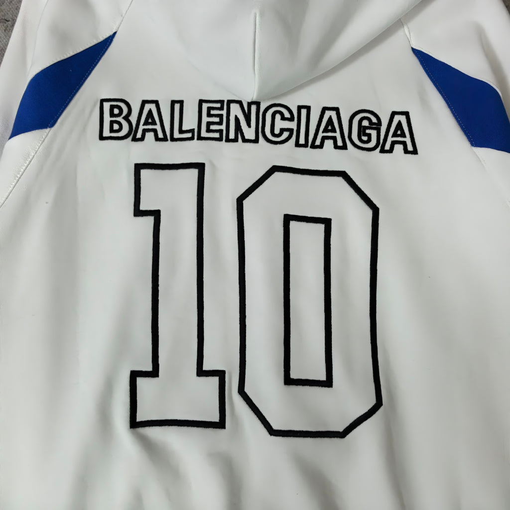 Balenciaga hoodie detail: '10' number print with Balenciaga text and blue shoulder accents