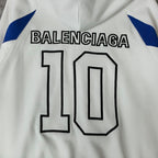 Balenciaga hoodie detail: '10' number print with Balenciaga text and blue shoulder accents