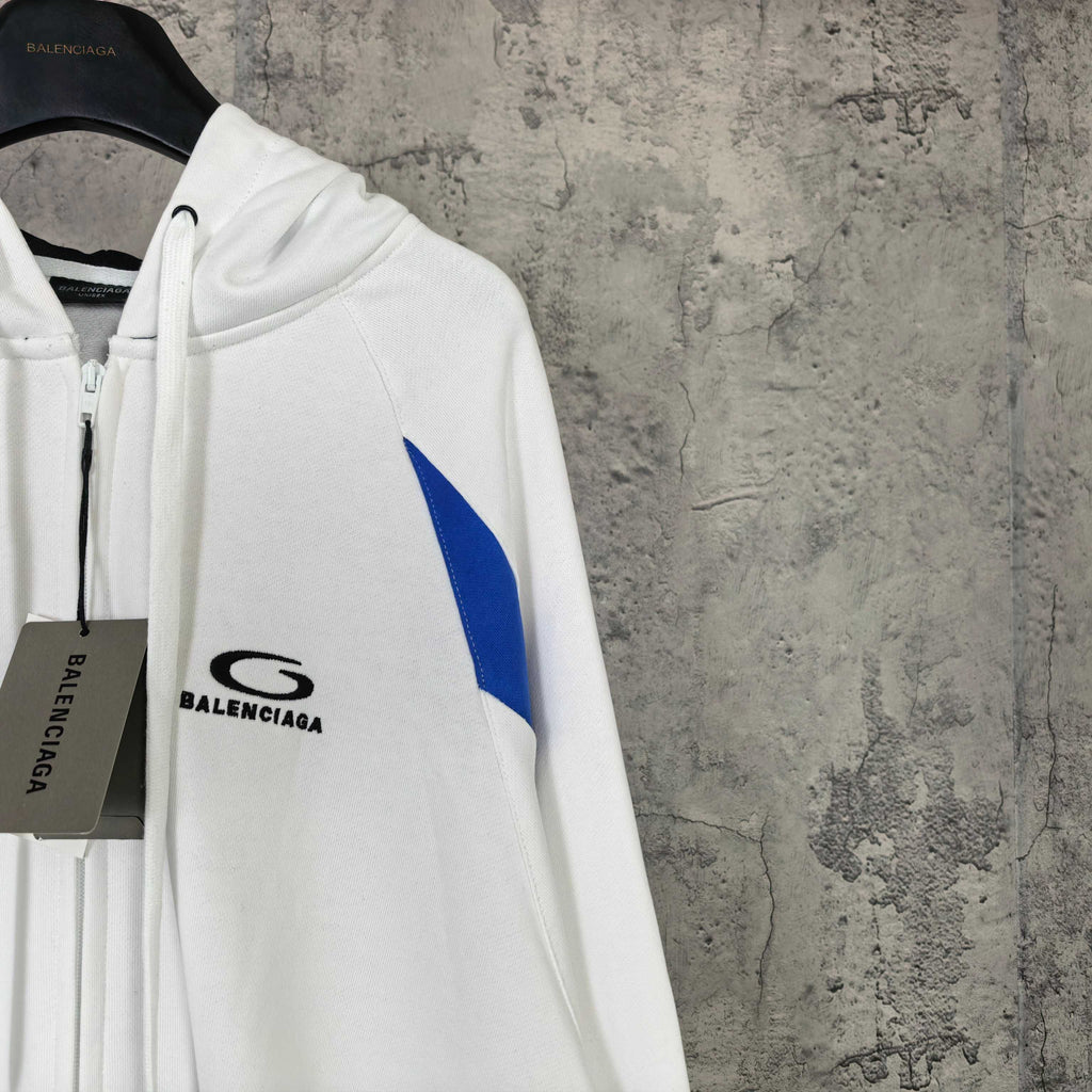Balenciaga long hoodie white sleeve with blue triangle and Balenciaga logo label