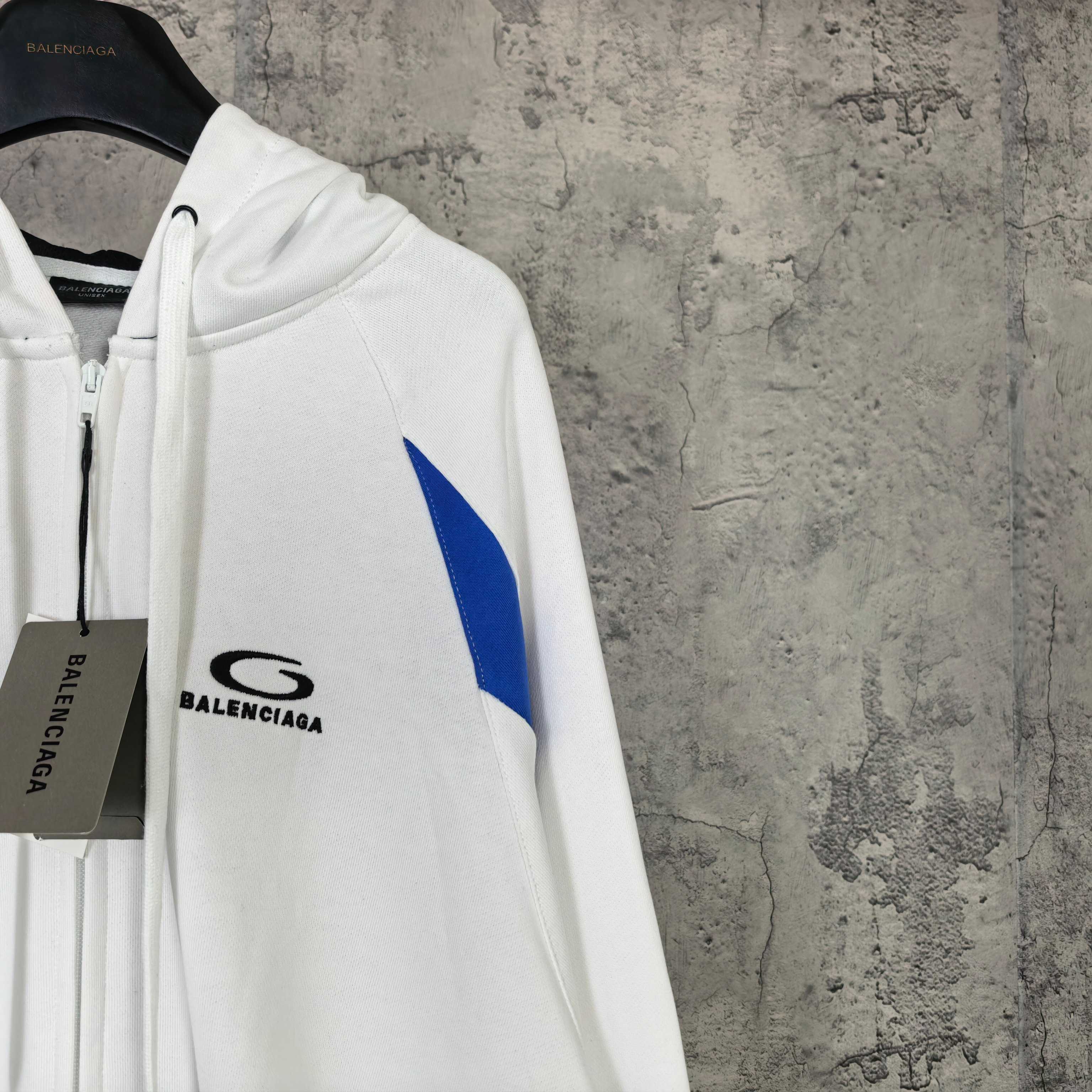 Balenciaga long hoodie white sleeve with blue triangle and Balenciaga logo label