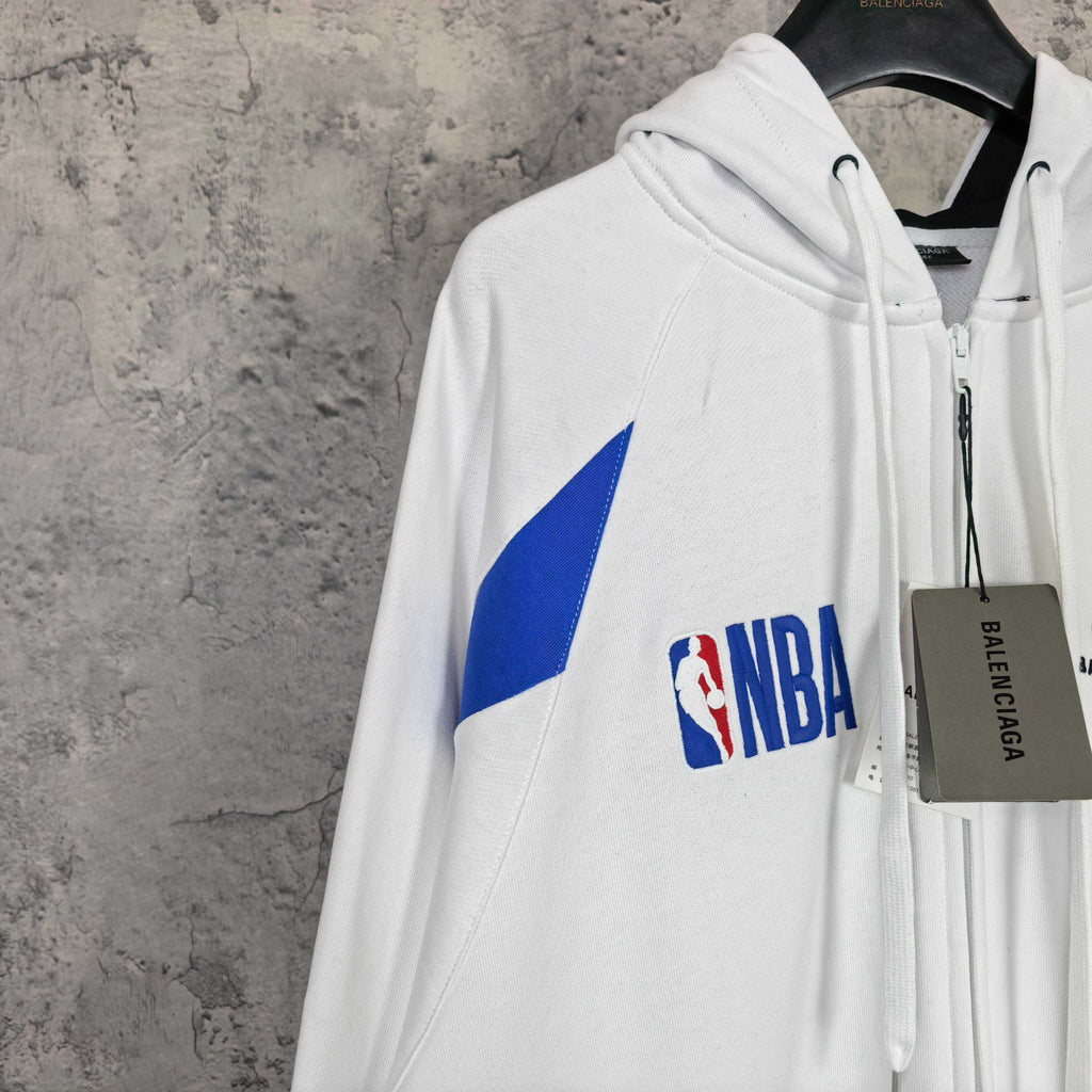 Balenciaga long zip hoodie white with blue sleeve triangle and NBA logo, hanging tag