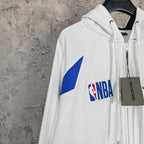 Balenciaga long zip hoodie white with blue sleeve triangle and NBA logo, hanging tag