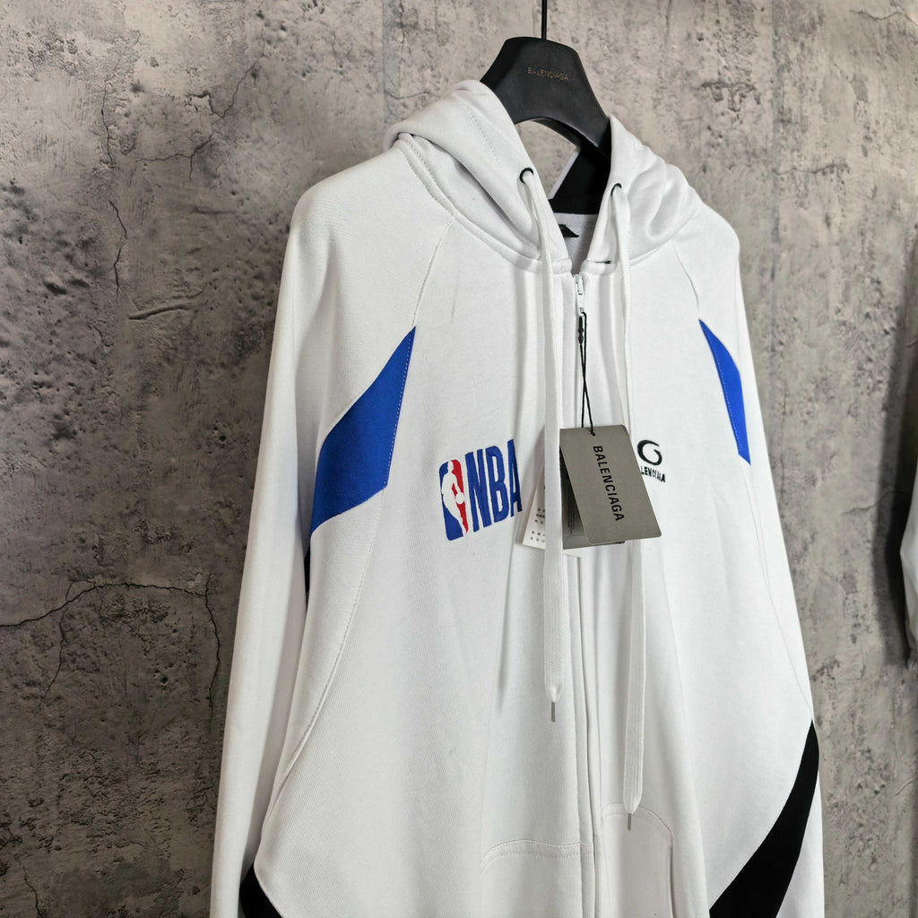 Balenciaga long zip-up hoodie, white with blue graphic and black side panels