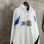 Balenciaga long zip-up hoodie, white with blue graphic and black side panels