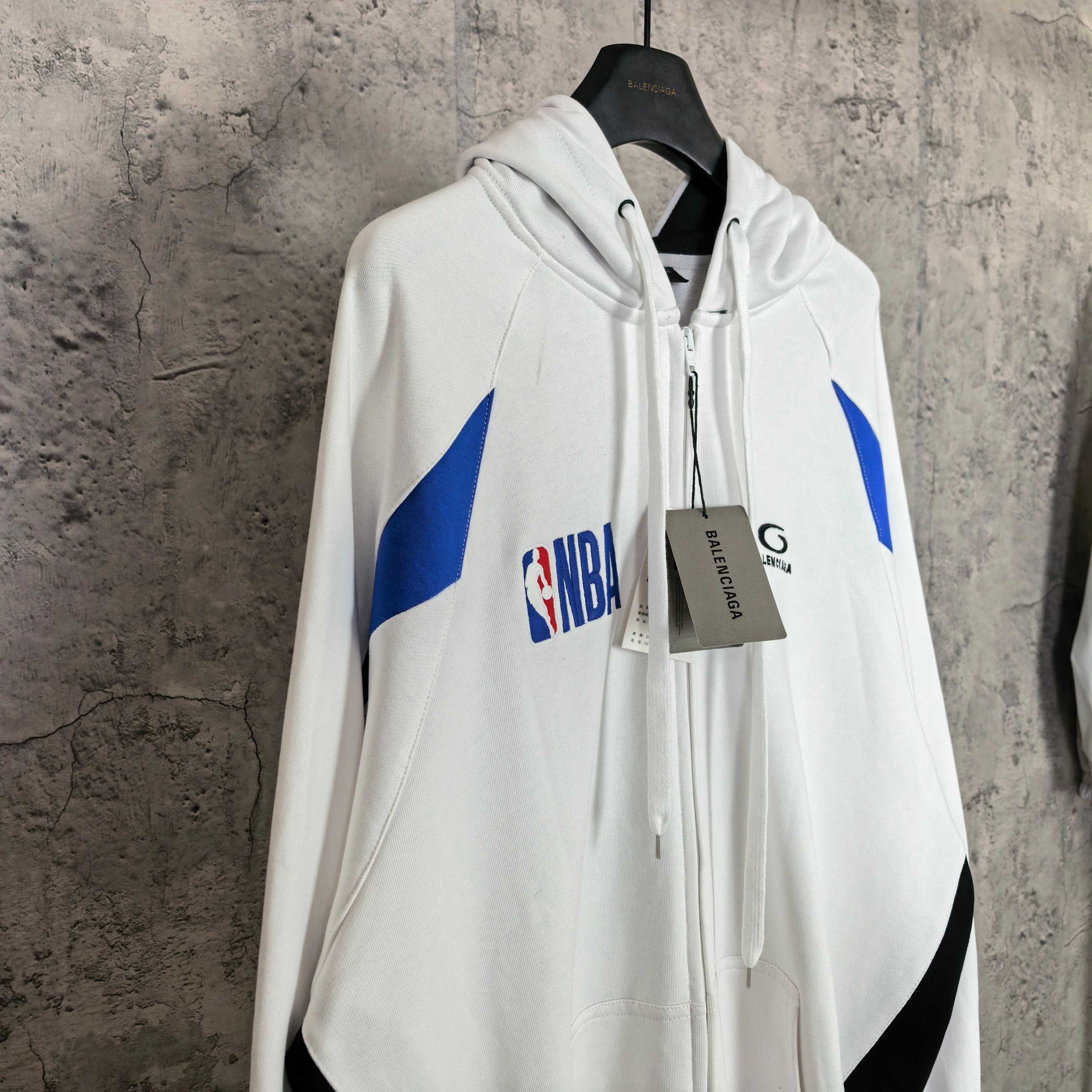 Balenciaga long zip-up hoodie, white with blue graphic and black side panels