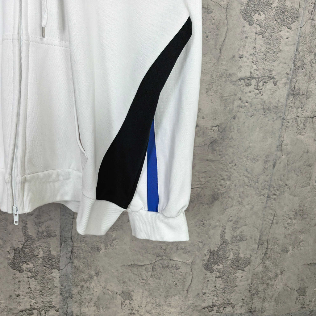 Balenciaga long zip-up hoodie side view, white with black stripe and blue block