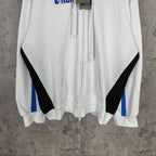 Balenciaga long zip-up hoodie front view, white with black diagonal panels